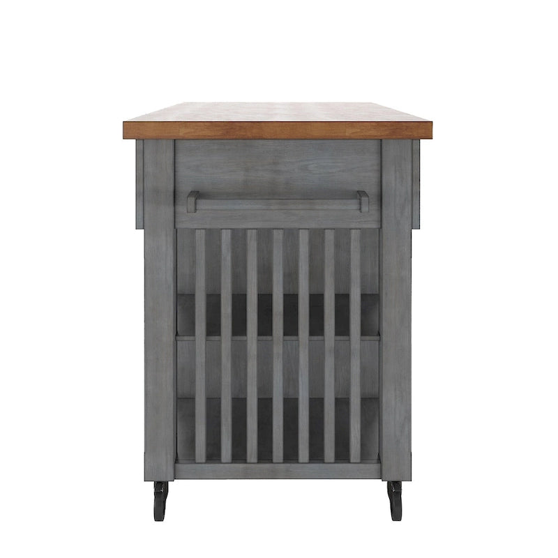Rolling Kitchen Island Cart with Wine Rack Drawers Oak Wood