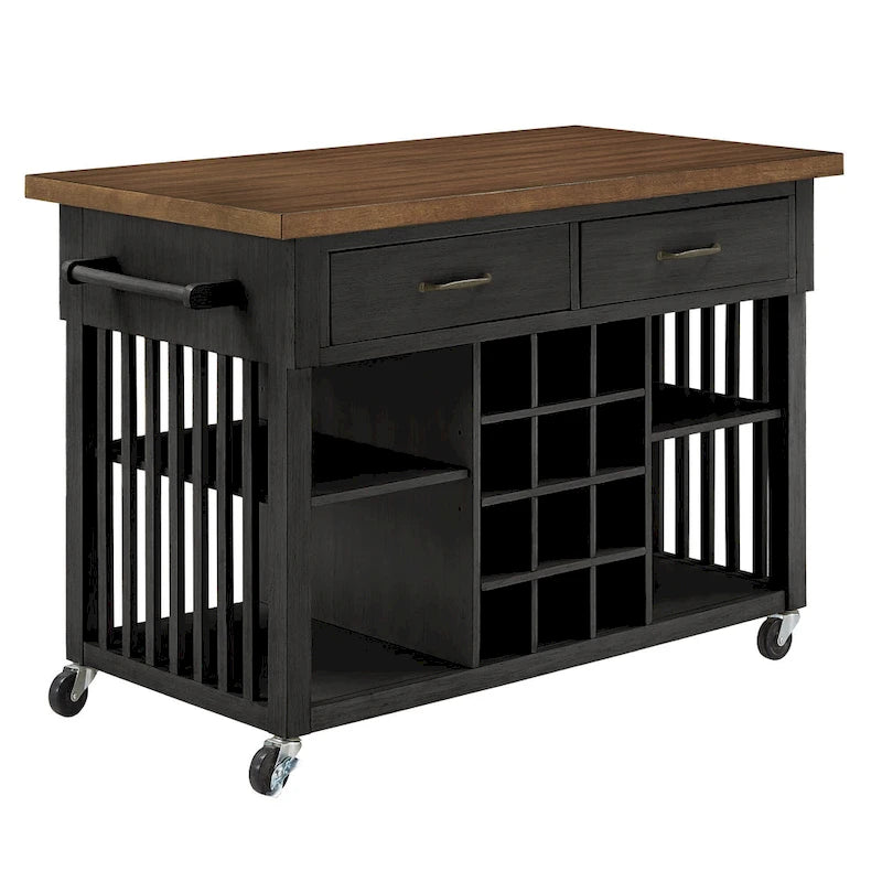 Rolling Kitchen Island Cart with Wine Rack Drawers Oak Wood