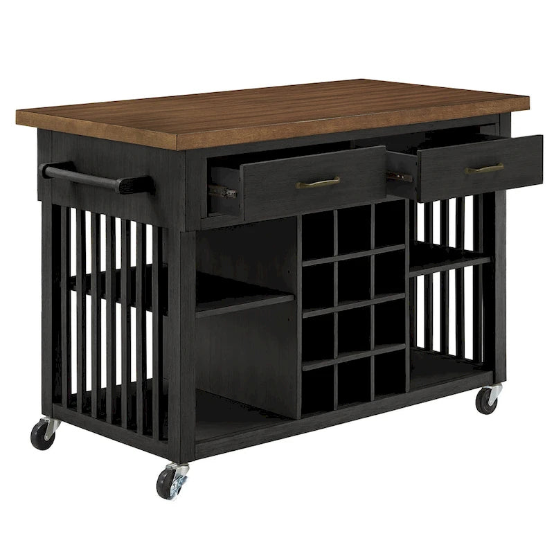 Rolling Kitchen Island Cart with Wine Rack Drawers Oak Wood