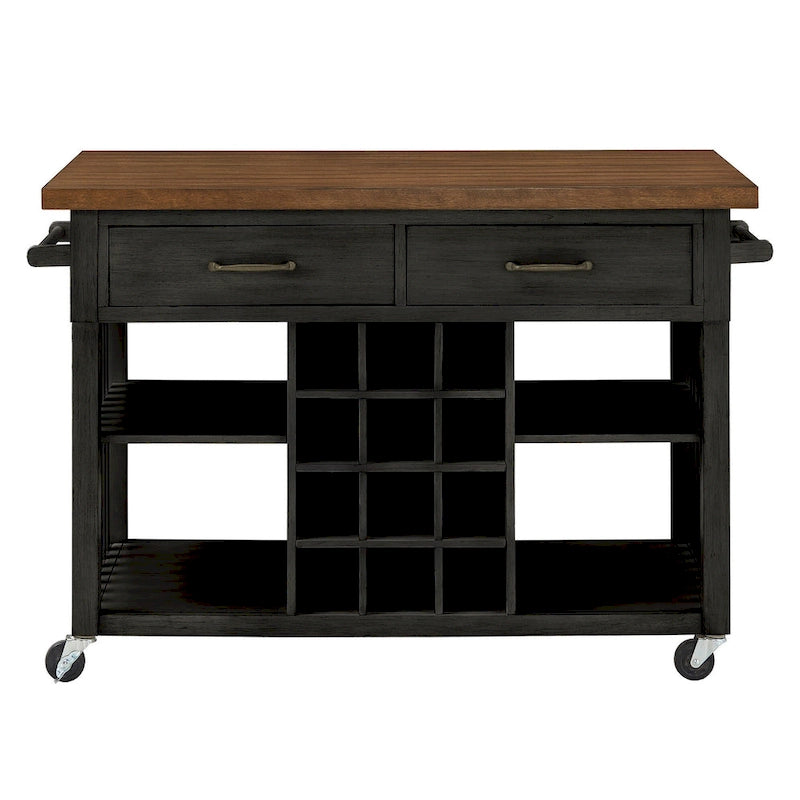 Rolling Kitchen Island Cart with Wine Rack Drawers Oak Wood