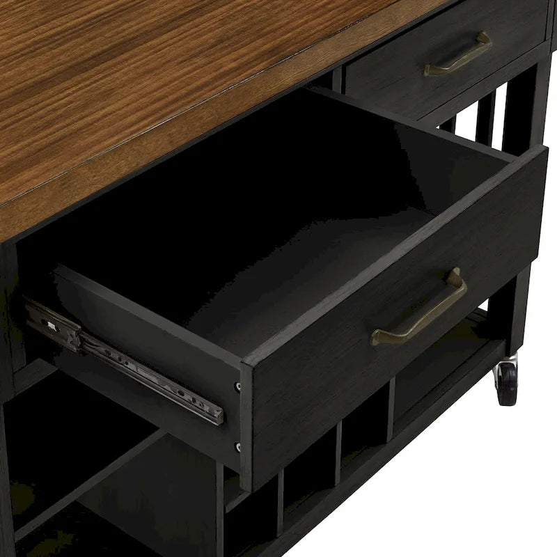 Rolling Kitchen Island Cart with Wine Rack Drawers Oak Wood