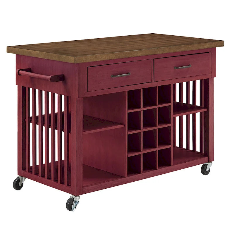 Rolling Kitchen Island Cart with Wine Rack Drawers Oak Wood