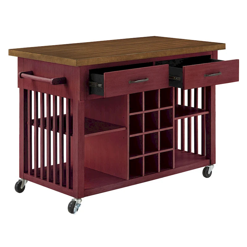Rolling Kitchen Island Cart with Wine Rack Drawers Oak Wood
