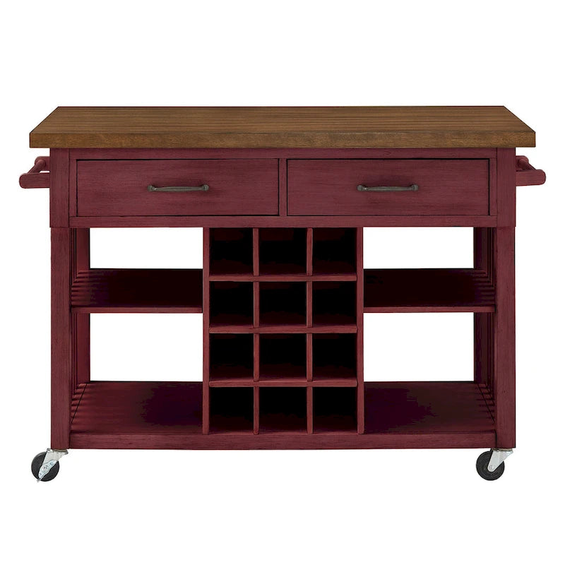 Rolling Kitchen Island Cart with Wine Rack Drawers Oak Wood