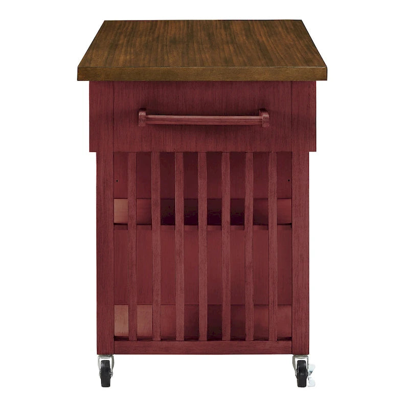 Rolling Kitchen Island Cart with Wine Rack Drawers Oak Wood