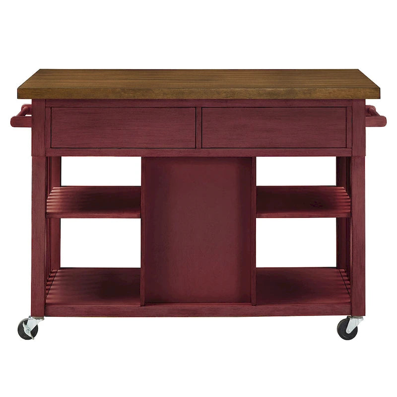 Rolling Kitchen Island Cart with Wine Rack Drawers Oak Wood