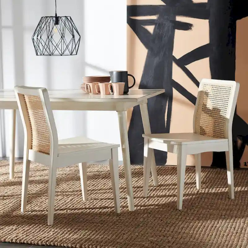 Coastal Rattan Back Dining Chair with Solid Wood Frame White Natural