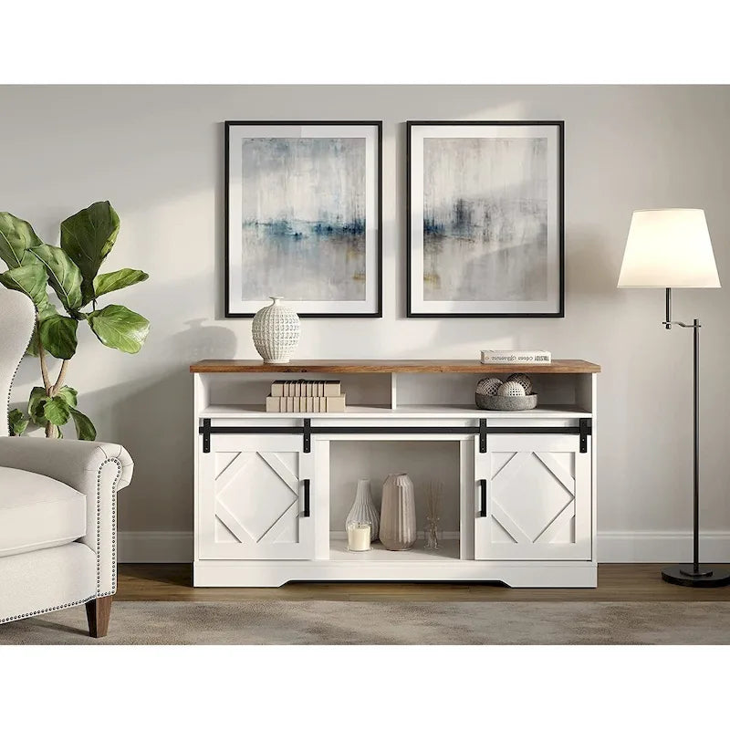 Farmhouse Barn Door Wood Grain TV Stand with Sliding Doors White
