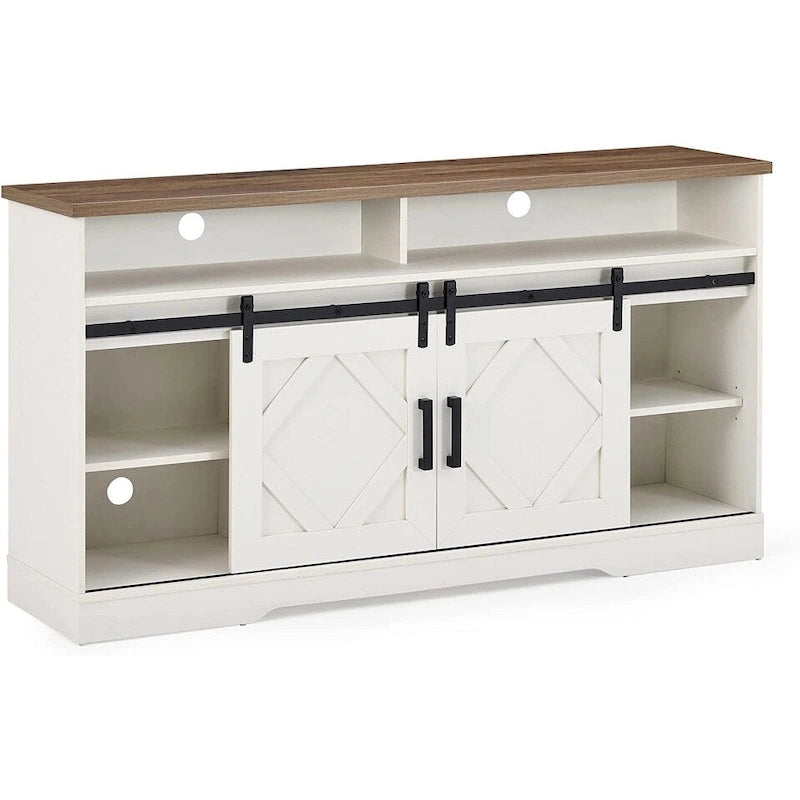 Farmhouse Barn Door Wood Grain TV Stand with Sliding Doors White
