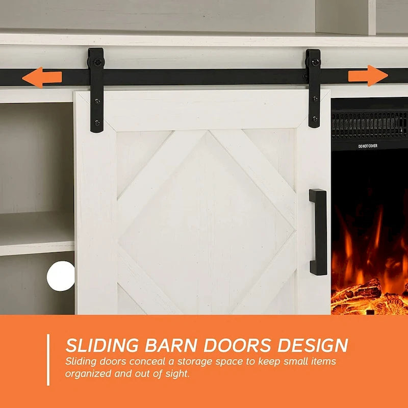 Farmhouse Barn Door Wood Grain TV Stand with Sliding Doors White