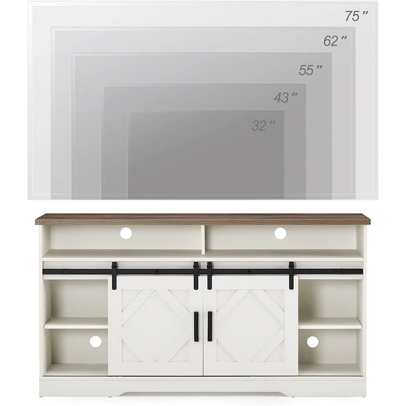 Farmhouse Barn Door Wood Grain TV Stand with Sliding Doors White