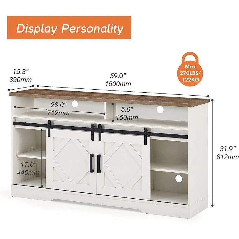 Farmhouse Barn Door Wood Grain TV Stand with Sliding Doors White