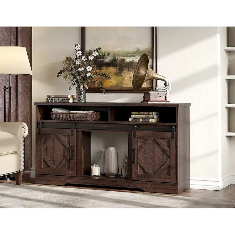 Farmhouse Barn Door Wood Grain TV Stand with Sliding Doors White