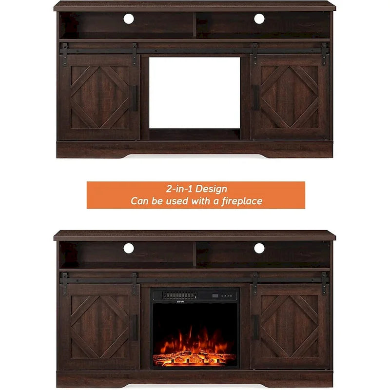 Farmhouse Barn Door Wood Grain TV Stand with Sliding Doors White