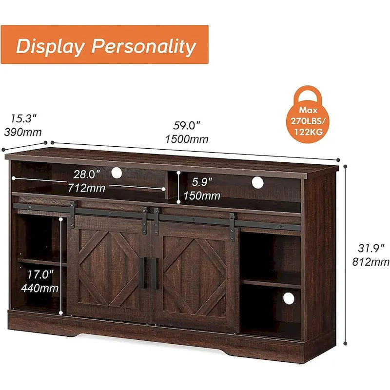 Farmhouse Barn Door Wood Grain TV Stand with Sliding Doors White