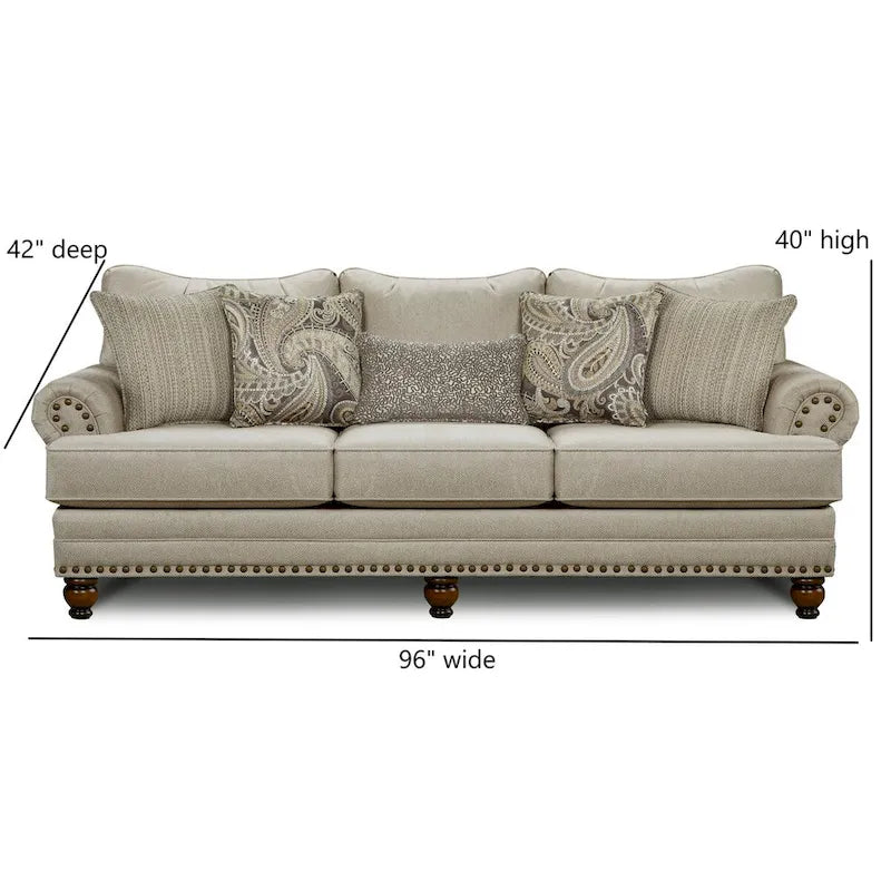 Beige Nailhead Trim Traditional 3-Seater Sofa with Rolled Arms
