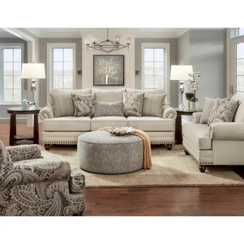 Beige Nailhead Trim Traditional 3-Seater Sofa with Rolled Arms