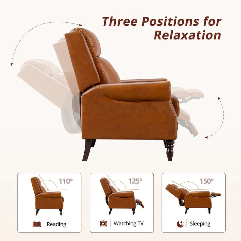 Mid-Century Genuine Leather Push-Back Recliner Armchair Blue Red Brown Camel