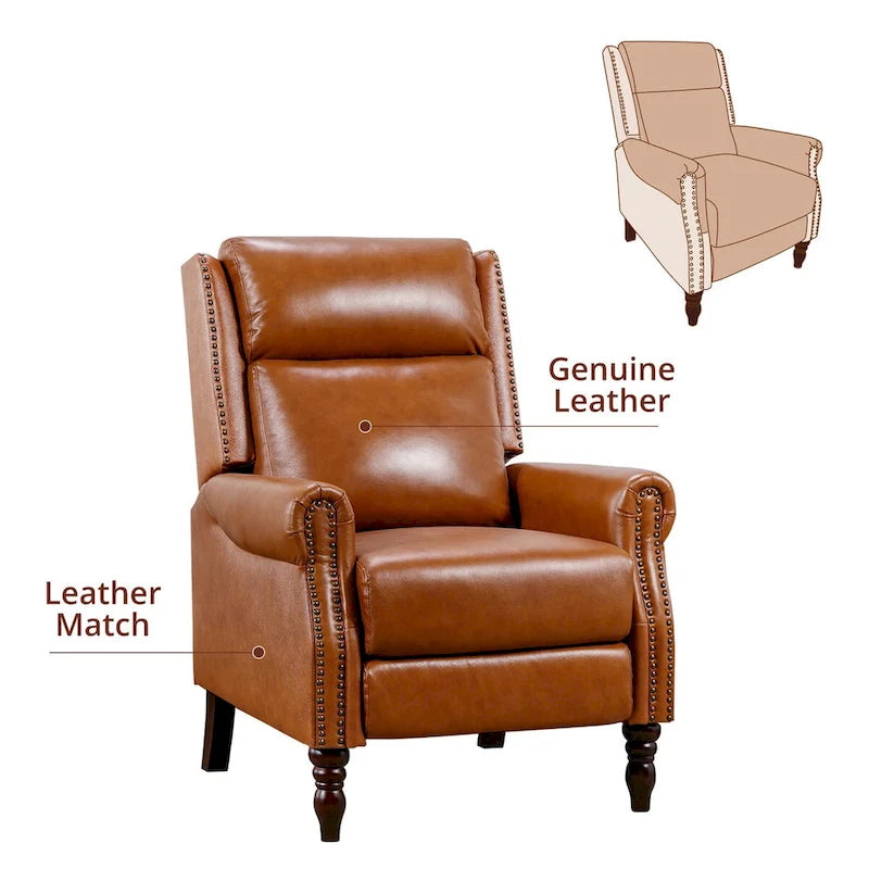 Mid-Century Genuine Leather Push-Back Recliner Armchair Blue Red Brown Camel