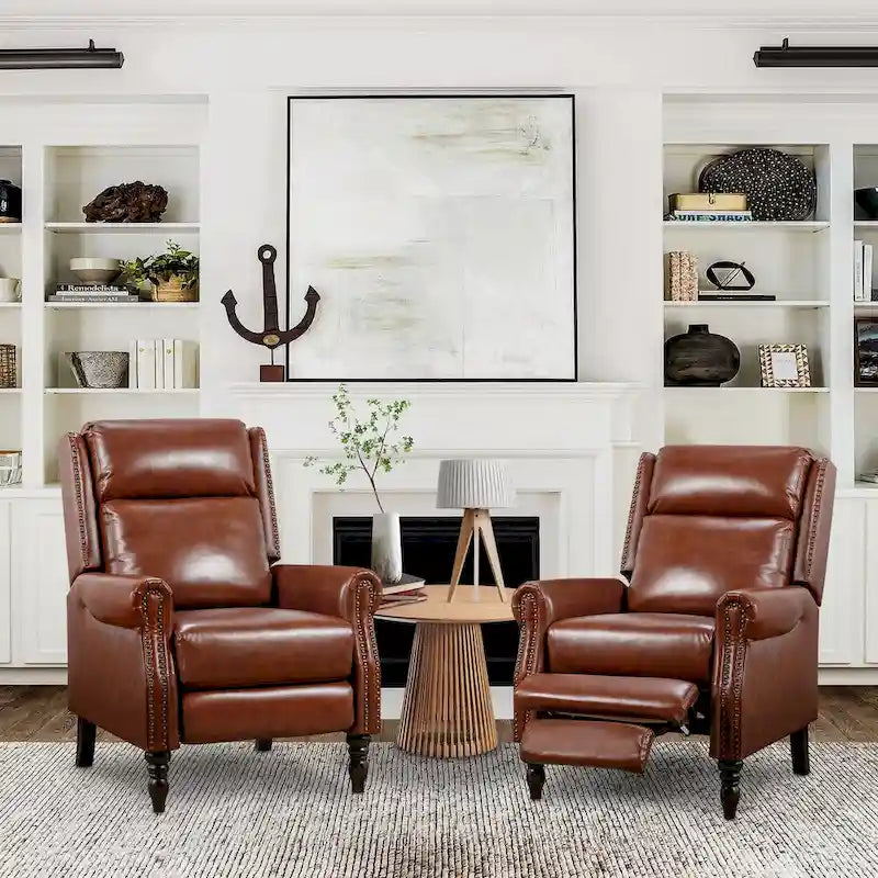 Mid-Century Genuine Leather Push-Back Recliner Armchair Blue Red Brown Camel
