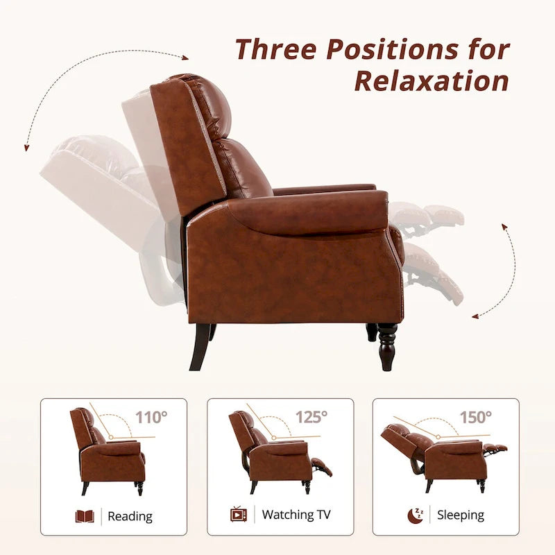 Mid-Century Genuine Leather Push-Back Recliner Armchair Blue Red Brown Camel