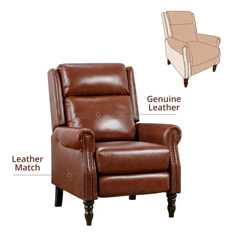 Mid-Century Genuine Leather Push-Back Recliner Armchair Blue Red Brown Camel