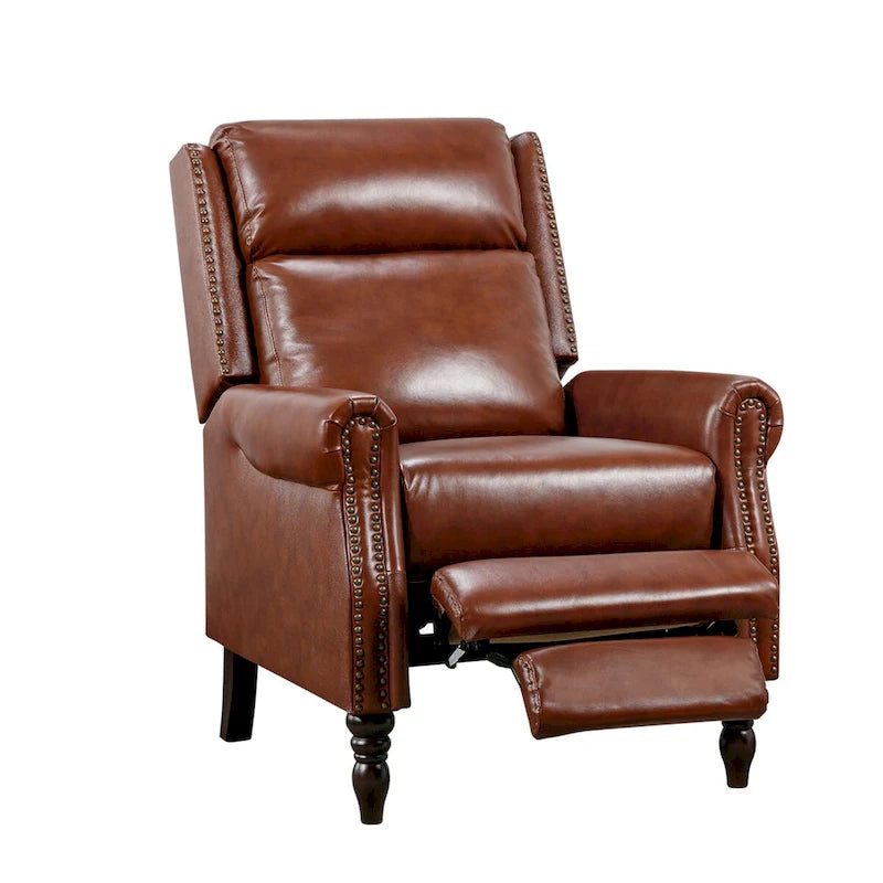Mid-Century Genuine Leather Push-Back Recliner Armchair Blue Red Brown Camel
