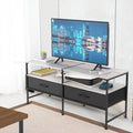 Industrial Metal Frame TV Stand with Fabric Drawers Open Shelves Grey Black Brown