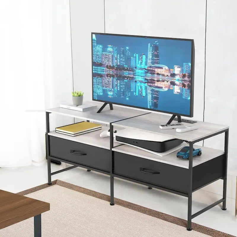 Industrial Metal Frame TV Stand with Fabric Drawers Open Shelves Grey Black Brown