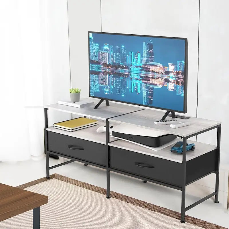 Industrial Metal Frame TV Stand with Fabric Drawers Open Shelves Grey Black Brown