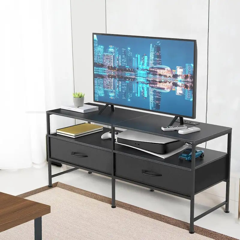 Industrial Metal Frame TV Stand with Fabric Drawers Open Shelves Grey Black Brown