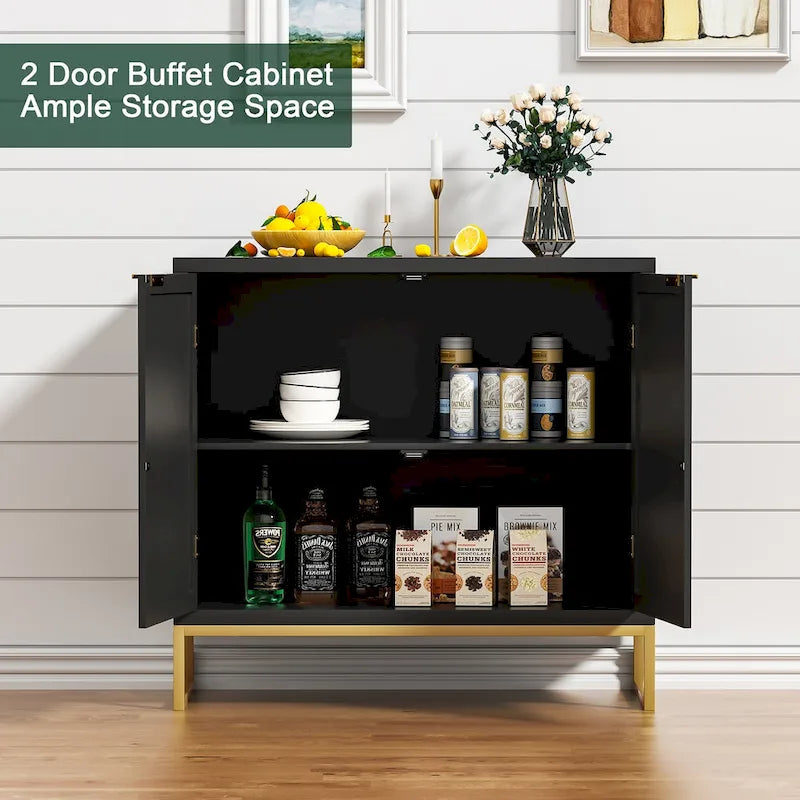 Mid-Century Modern 2-Door Black Rattan Buffet Sideboard with Gold Metal Base