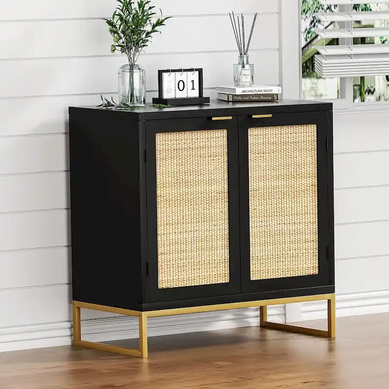 Mid-Century Modern 2-Door Black Rattan Buffet Sideboard with Gold Metal Base