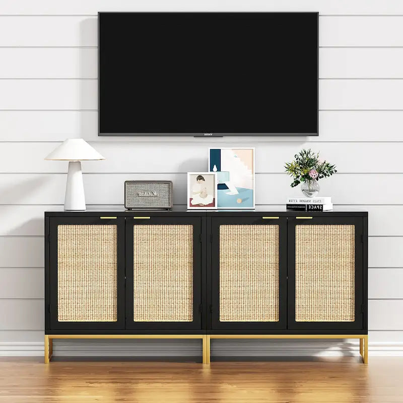 Mid-Century Modern 2-Door Black Rattan Buffet Sideboard with Gold Metal Base