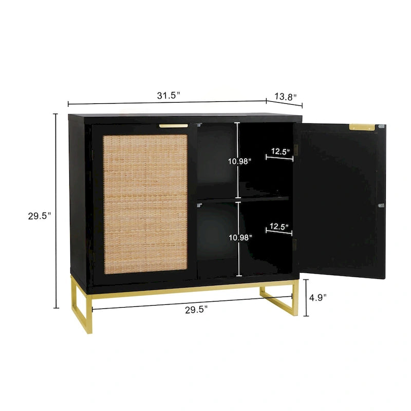 Mid-Century Modern 2-Door Black Rattan Buffet Sideboard with Gold Metal Base