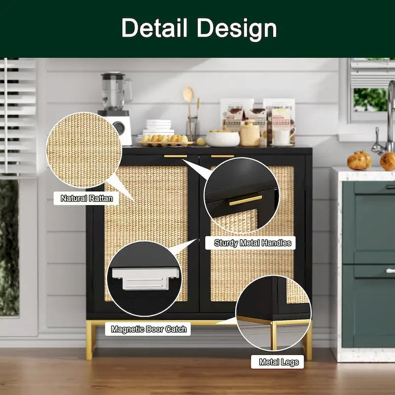 Mid-Century Modern 2-Door Black Rattan Buffet Sideboard with Gold Metal Base