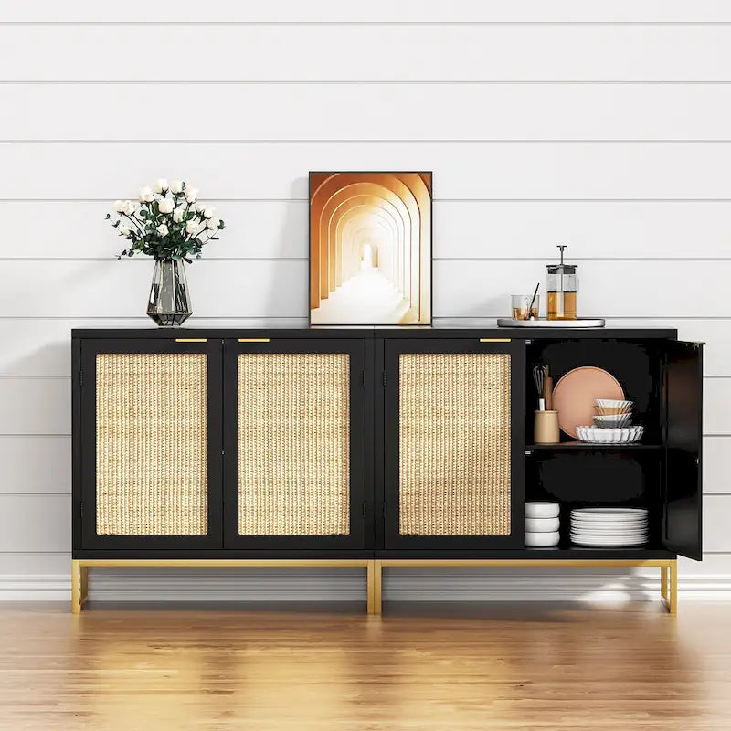 Mid-Century Modern 2-Door Black Rattan Buffet Sideboard with Gold Metal Base