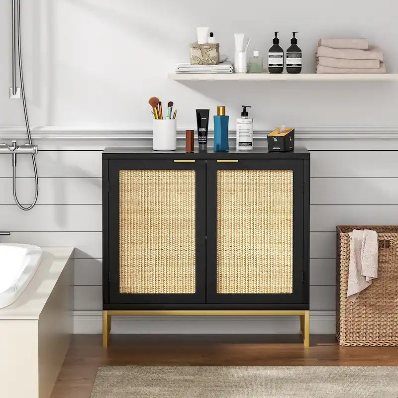 Mid-Century Modern 2-Door Black Rattan Buffet Sideboard with Gold Metal Base