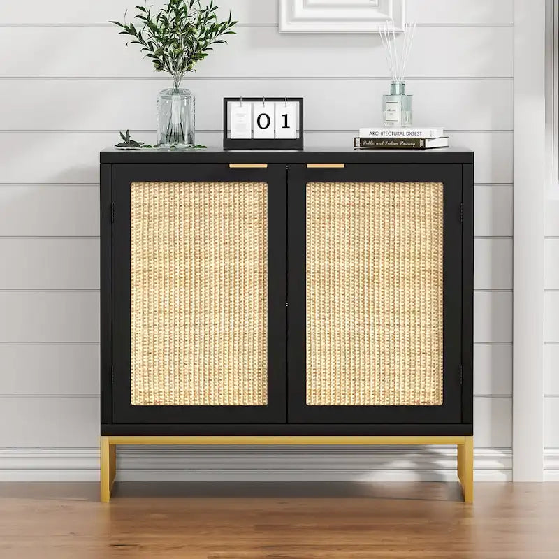 Mid-Century Modern 2-Door Black Rattan Buffet Sideboard with Gold Metal Base