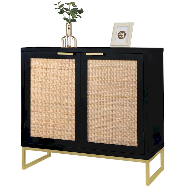 Mid-Century Modern 2-Door Black Rattan Buffet Sideboard with Gold Metal Base