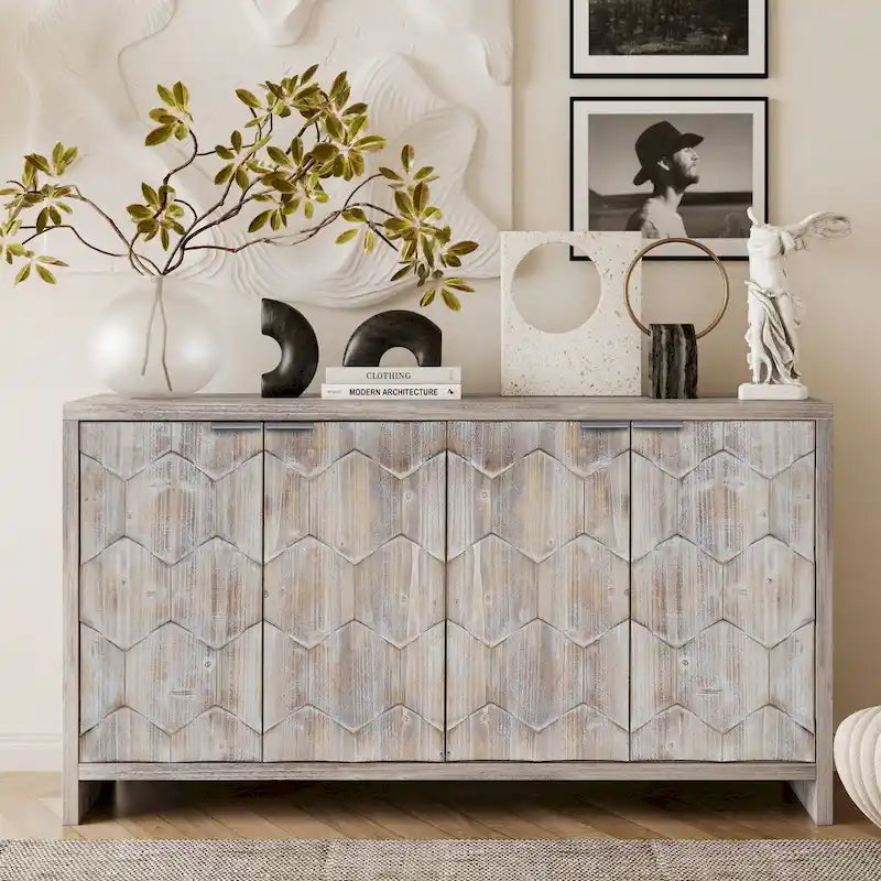 Chevron Hexagonal 4-Door Sideboard Cabinet with Adjustable Shelves, Antique White