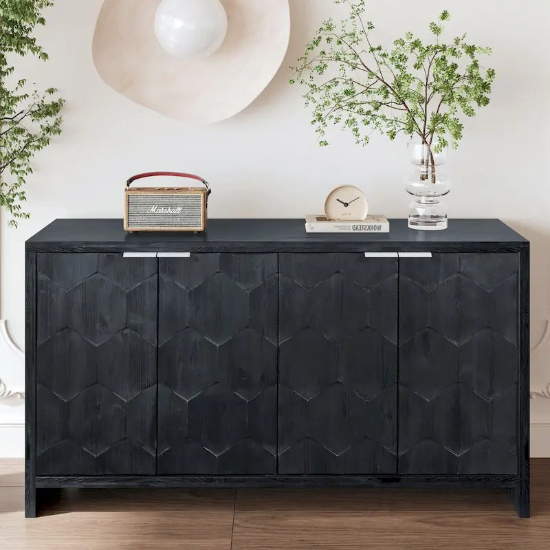 Chevron Hexagonal 4-Door Sideboard Cabinet with Adjustable Shelves, Antique White