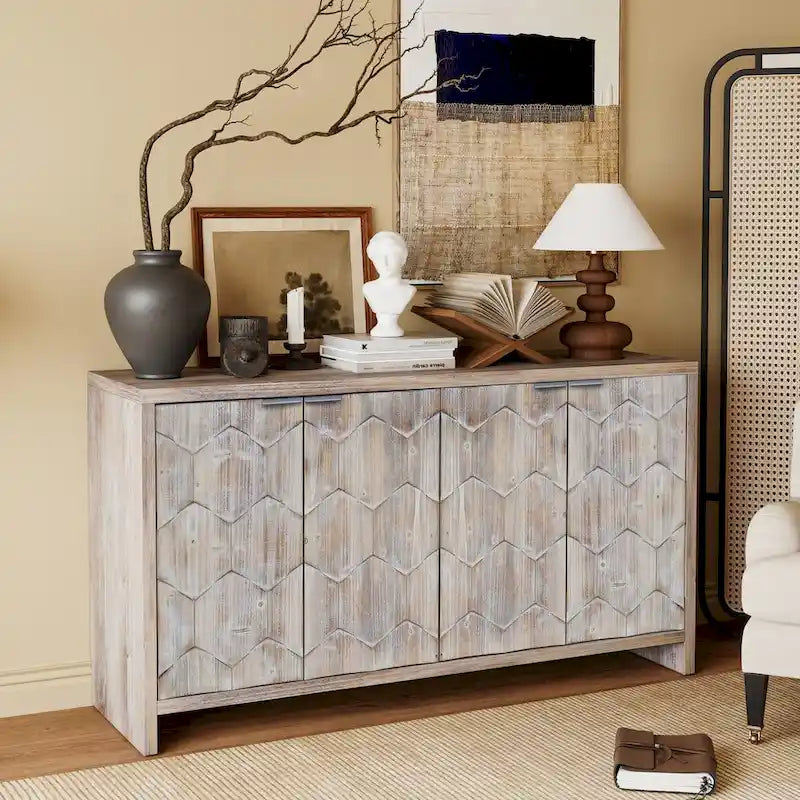 Chevron Hexagonal 4-Door Sideboard Cabinet with Adjustable Shelves, Antique White