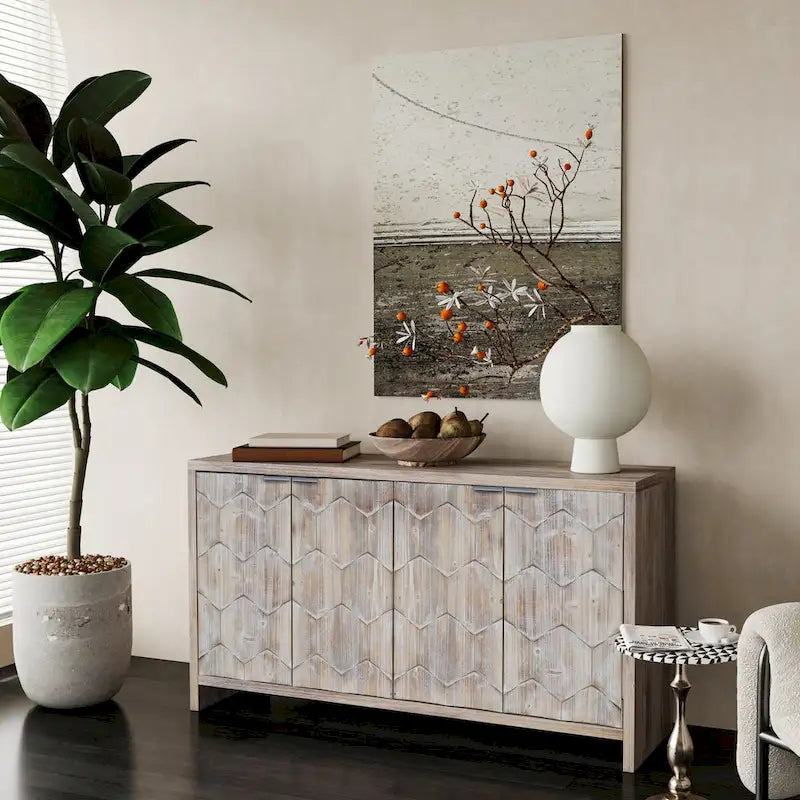 Chevron Hexagonal 4-Door Sideboard Cabinet with Adjustable Shelves, Antique White