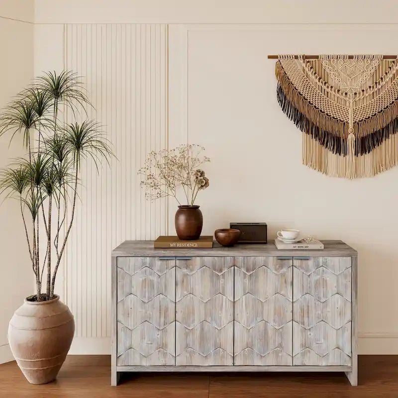 Chevron Hexagonal 4-Door Sideboard Cabinet with Adjustable Shelves, Antique White