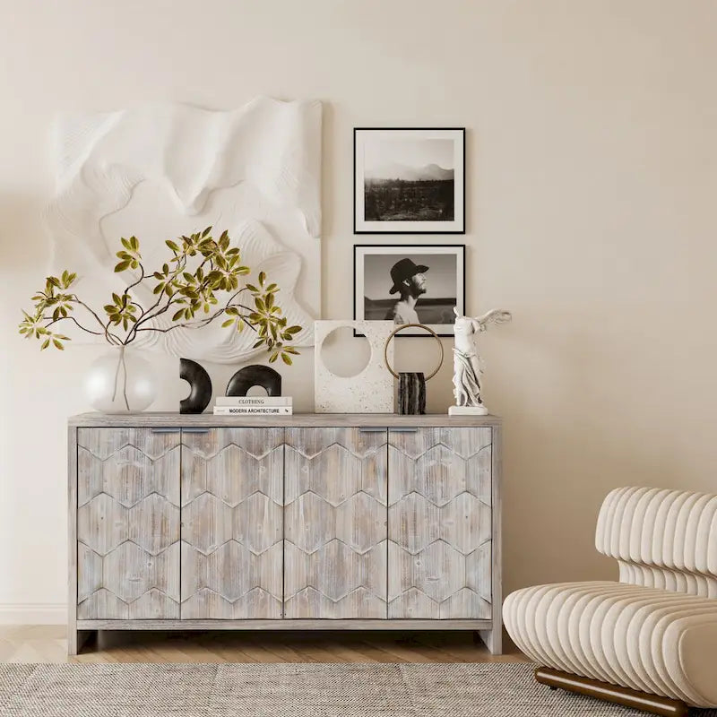 Chevron Hexagonal 4-Door Sideboard Cabinet with Adjustable Shelves, Antique White