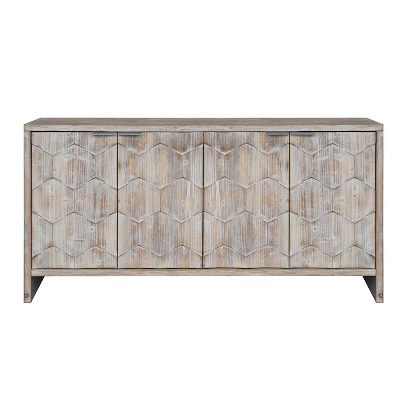Chevron Hexagonal 4-Door Sideboard Cabinet with Adjustable Shelves, Antique White