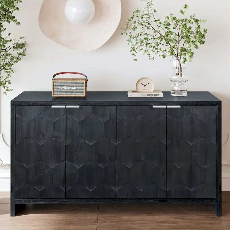 Chevron Hexagonal 4-Door Sideboard Cabinet with Adjustable Shelves, Antique White