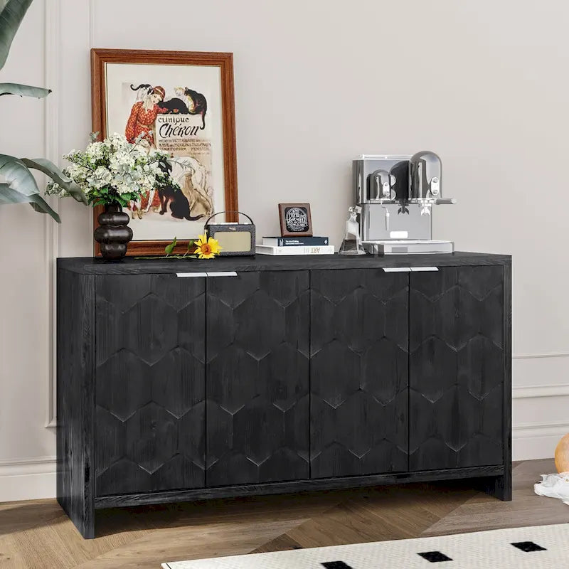 Chevron Hexagonal 4-Door Sideboard Cabinet with Adjustable Shelves, Antique White