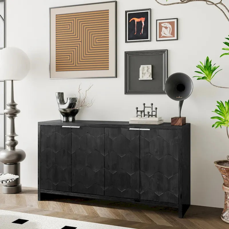 Chevron Hexagonal 4-Door Sideboard Cabinet with Adjustable Shelves, Antique White